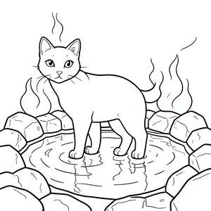 solo, chủ đề đơn, một đầu, hai mắt, hai tai, bốn chân, một đuôi, tỷ lệ tự nhiên, quy mô thích hợp trong môi trường, chính xác về mặt giải phẫu, mèo, tiền gửi khoáng, nước hấp, nước nóng, hồ bơi, đá, đá, phản chiếu, hơi, nhiệt, độ sâu, trang màu, nghệ thuật đường, nền trắng, solo, chủ đề đơn, chính xác về mặt giải phẫu, giải phẫu hoàn hảo