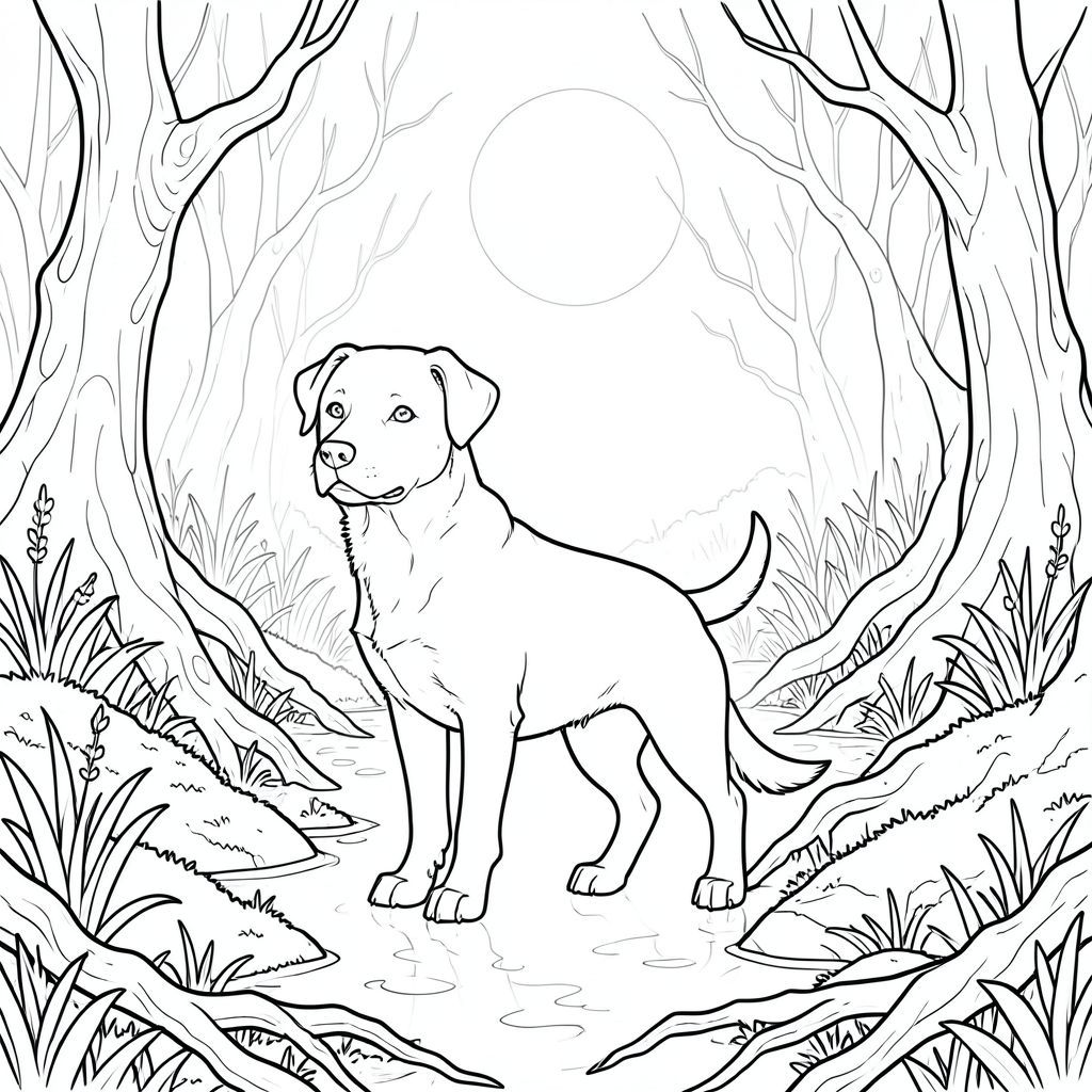 solo, chủ đề đơn, một đầu, hai mắt, hai tai, bốn chân, một đuôi, tỷ lệ tự nhiên, quy mô thích hợp trong môi trường, đúng giải phẫu,, Đầm lầy dưới ánh trăng, Wisps, cây xoắn, thảm thực vật rậm rạp, nước nông, đá rêu, rễ cổ xưa, mờ, phát sáng thanh tao, phong cảnh siêu thực, trang màu, nghệ thuật đường, nền trắng, solo, chủ đề đơn, chính xác về mặt giải phẫu, giải phẫu hoàn hảo