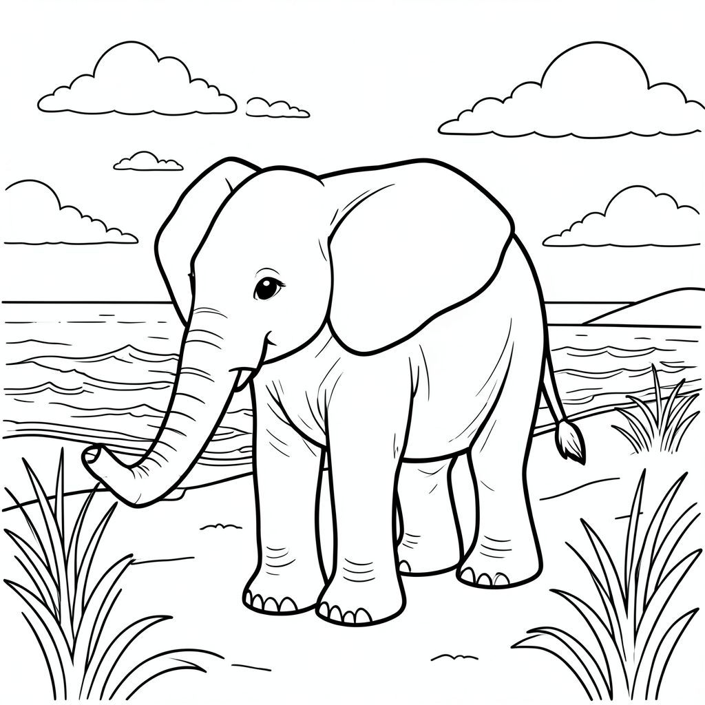 solo, một con voi, một đầu, hai mắt, hai tai lớn, một thân cây, bốn chân, một đuôi, chân trên mặt đất vững chắc, tỷ lệ tự nhiên, quy mô thích hợp trong môi trường, đúng về mặt giải phẫu, voi, cát, cồn cát, bờ biển, cỏ bãi biển, sóng, gió, bầu trời, đám mây, ánh sáng mặt trời, kết cấu, trang màu, nghệ thuật đường nét, nền trắng, solo, chủ đề đơn, đúng về mặt giải phẫu, giải phẫu hoàn hảo