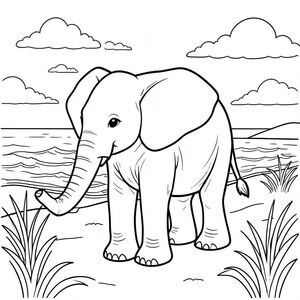 solo, một con voi, một đầu, hai mắt, hai tai lớn, một thân cây, bốn chân, một đuôi, chân trên mặt đất vững chắc, tỷ lệ tự nhiên, quy mô thích hợp trong môi trường, đúng về mặt giải phẫu, voi, cát, cồn cát, bờ biển, cỏ bãi biển, sóng, gió, bầu trời, đám mây, ánh sáng mặt trời, kết cấu, trang màu, nghệ thuật đường nét, nền trắng, solo, chủ đề đơn, đúng về mặt giải phẫu, giải phẫu hoàn hảo