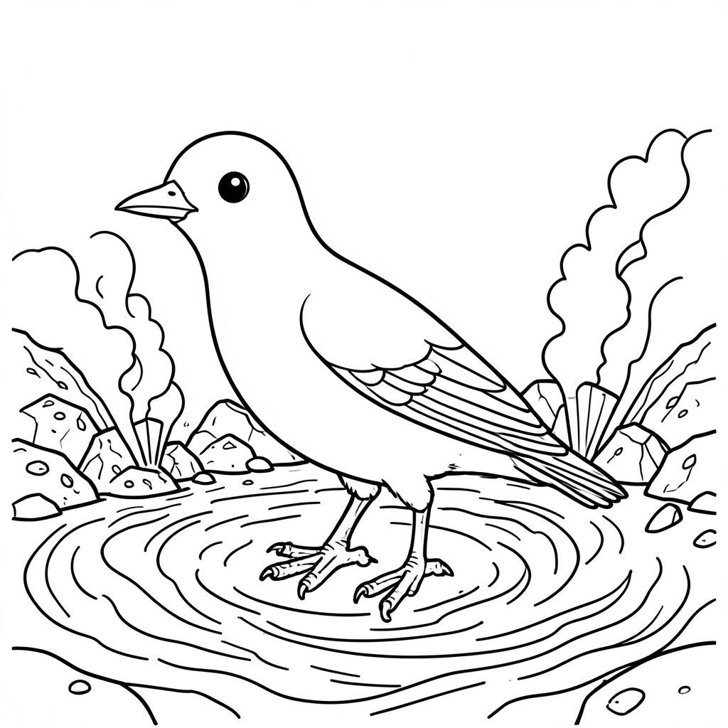 solo, một con chim, một đầu, hai mắt, một mỏ, hai cánh, hai chân, một đuôi, tỷ lệ tự nhiên, quy mô thích hợp trong môi trường, đúng giải phẫu, chim, Địa nhiệt, suối nước nóng, lỗ thông hơi, đá núi lửa, trầm tích khoáng sản, nước xoáy, mãnh liệt, năng động, hoạt động, nhỏ, trang màu, nghệ thuật đường, nền trắng, solo, chủ đề đơn, đúng giải phẫu, giải phẫu hoàn hảo