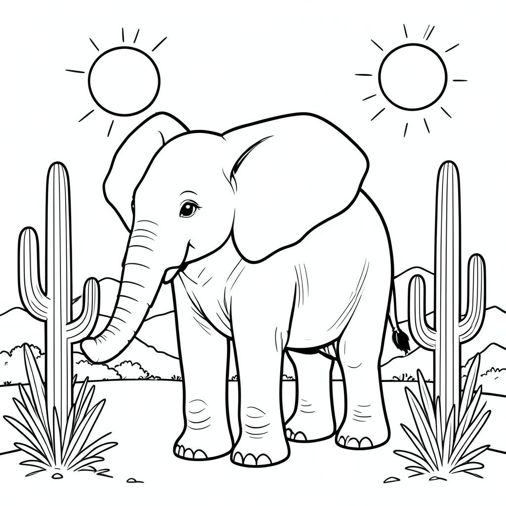 solo, một con voi, một đầu, hai mắt, hai tai lớn, một thân cây, bốn chân, một đuôi, bàn chân trên nền đất vững chắc, tỷ lệ tự nhiên, quy mô thích hợp trong môi trường, đúng về mặt giải phẫu, voi, sa mạc, Sonoran, xương rồng, giờ, ánh sáng mặt trời, phong cảnh, cao, thân cây, chi tiết, thực tế, trang màu, nghệ thuật đường, nền trắng, solo, chủ đề đơn, đúng giải phẫu, giải phẫu hoàn hảo
