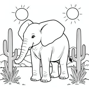 solo, một con voi, một đầu, hai mắt, hai tai lớn, một thân cây, bốn chân, một đuôi, bàn chân trên nền đất vững chắc, tỷ lệ tự nhiên, quy mô thích hợp trong môi trường, đúng về mặt giải phẫu, voi, sa mạc, Sonoran, xương rồng, giờ, ánh sáng mặt trời, phong cảnh, cao, thân cây, chi tiết, thực tế, trang màu, nghệ thuật đường, nền trắng, solo, chủ đề đơn, đúng giải phẫu, giải phẫu hoàn hảo