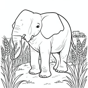 solo, một con voi, một đầu, hai mắt, hai tai lớn, một thân cây, bốn chân, một đuôi, chân trên nền vững chắc, tỷ lệ tự nhiên, quy mô thích hợp trong môi trường, đúng về mặt giải phẫu, voi, lúa mì, lăn kết hợp, cánh đồng, thu hoạch, máy móc cán, thân cây cao, hành động năng động, cực kỳ chi tiết, kiệt tác, thuần khiết, tô màu, nghệ thuật đường, nền trắng, solo, chủ đề đơn, đúng giải phẫu, giải phẫu hoàn hảo