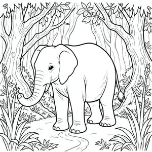 solo, một con voi, một đầu, hai mắt, hai tai lớn, một thân cây, bốn chân, một đuôi, bàn chân trên nền vững chắc, tỷ lệ tự nhiên, quy mô thích hợp trong môi trường, đúng về mặt giải phẫu, voi, lùm cây, thân cây gồ ghề, cành xoắn, lá, xưa, phong hóa, ánh sáng mặt trời, thảm thực vật rậm rạp, thân cây cao, đường quanh co, trang tô màu, nghệ thuật đường, nền trắng, solo, chủ đề đơn, chính xác về mặt giải phẫu, giải phẫu hoàn hảo