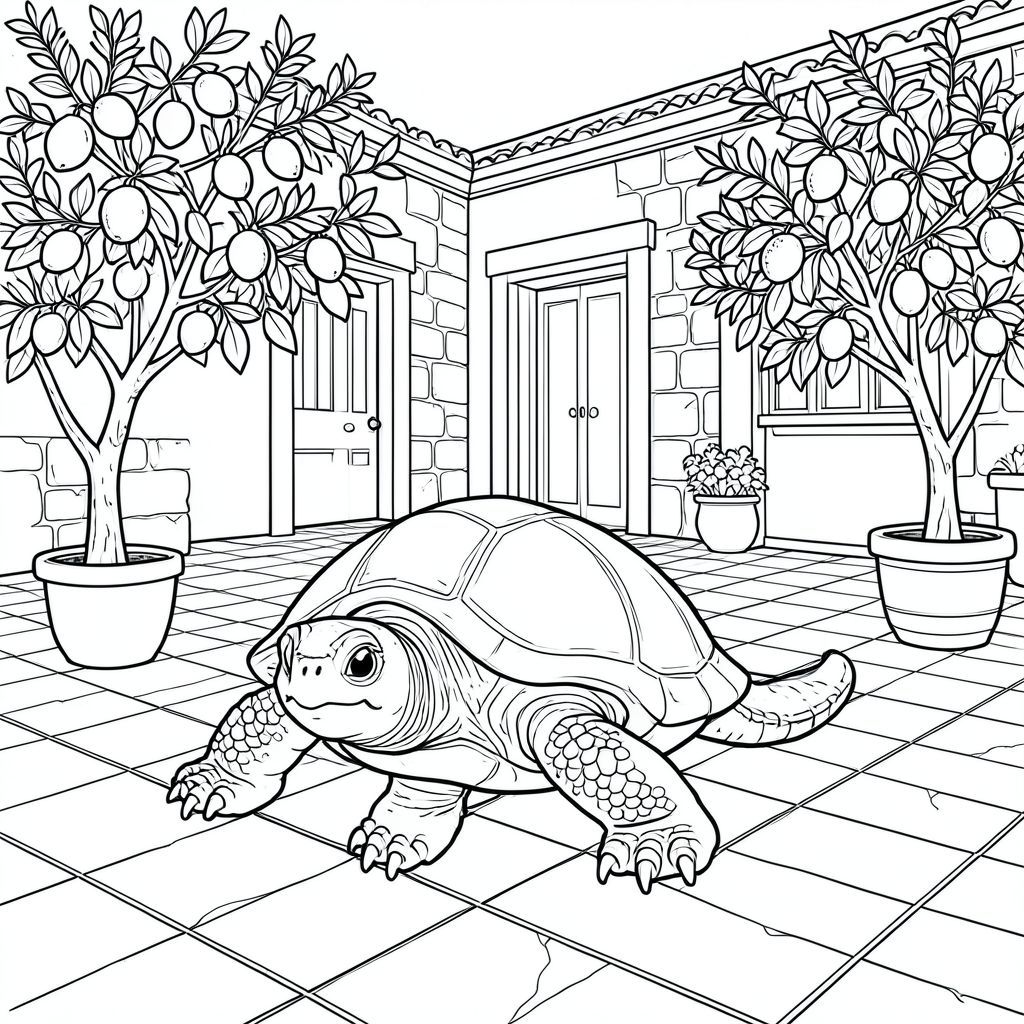 solo, rùa đơn, một đầu, hai mắt, bốn chân, một vỏ, một đuôi, bàn chân trên mặt đất vững chắc, tỷ lệ tự nhiên, quy mô thích hợp trong môi trường, đúng về mặt giải phẫu, rùa, Sàn lát gạch, sân, Tây Ban Nha, thuộc địa, Kiến trúc, đá, Gạch, cây cam quýt, Chậu, Tán lá, Trang màu, nghệ thuật đường, nền trắng, Solo, chủ đề đơn, đúng về mặt giải phẫu, giải phẫu hoàn hảo