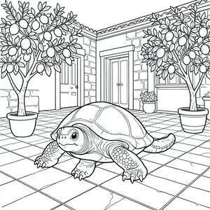 solo, rùa đơn, một đầu, hai mắt, bốn chân, một vỏ, một đuôi, bàn chân trên mặt đất vững chắc, tỷ lệ tự nhiên, quy mô thích hợp trong môi trường, đúng về mặt giải phẫu, rùa, Sàn lát gạch, sân, Tây Ban Nha, thuộc địa, Kiến trúc, đá, Gạch, cây cam quýt, Chậu, Tán lá, Trang màu, nghệ thuật đường, nền trắng, Solo, chủ đề đơn, đúng về mặt giải phẫu, giải phẫu hoàn hảo