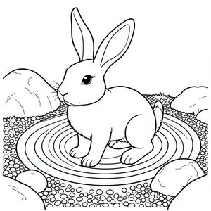 solo, chủ đề đơn, một đầu, hai mắt, hai tai, bốn chân, một đuôi, tỷ lệ tự nhiên, quy mô thích hợp trong môi trường, đúng giải phẫu, thỏ, vườn thiền, vòng tròn đồng tâm, cát cào, tảng đá, đá, đá, sỏi, đất, rêu, phản chiếu, trang màu, nghệ thuật đường, nền trắng, solo, chủ đề đơn, đúng giải phẫu, giải phẫu hoàn hảo