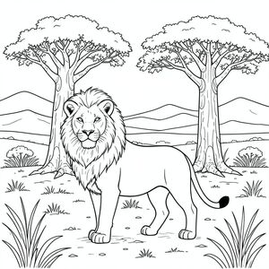 solo, chủ đề đơn, một đầu, hai mắt, hai tai, bốn chân, một đuôi, tỷ lệ tự nhiên, quy mô thích hợp trong môi trường, đúng giải phẫu, sư tử, đồng bằng châu Phi, cây bao báp, thân cây đồ sộ, phong cảnh khô cằn, đồng bằng đầy nắng, rộng lớn, đồi thoai thoải, núi xa, trái đất kết cấu, cỏ khô, tô màu, nghệ thuật đường, nền trắng, solo, chủ đề đơn, đúng về mặt giải phẫu, giải phẫu hoàn hảo