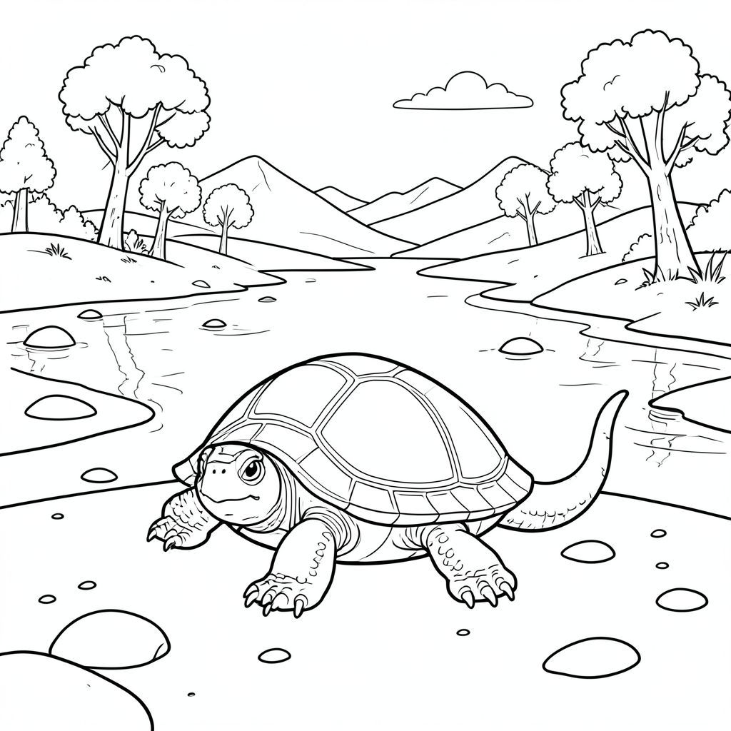 solo, rùa đơn, một đầu, hai mắt, bốn chân, một vỏ, một đuôi, bàn chân trên mặt đất vững chắc, tỷ lệ tự nhiên, quy mô thích hợp trong môi trường, đúng về mặt giải phẫu, rùa, Sông rộng, bãi biển đầy cát, cây bông gòn, cồn cát, nước, bầu trời đầy nắng, núi xa, đá mịn, ấm áp, chế độ xem mở rộng, trang màu, nghệ thuật đường, nền trắng, solo, chủ đề đơn, chính xác về mặt giải phẫu, giải phẫu hoàn hảo