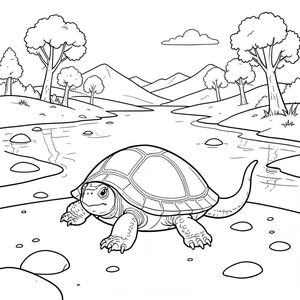 solo, rùa đơn, một đầu, hai mắt, bốn chân, một vỏ, một đuôi, bàn chân trên mặt đất vững chắc, tỷ lệ tự nhiên, quy mô thích hợp trong môi trường, đúng về mặt giải phẫu, rùa, Sông rộng, bãi biển đầy cát, cây bông gòn, cồn cát, nước, bầu trời đầy nắng, núi xa, đá mịn, ấm áp, chế độ xem mở rộng, trang màu, nghệ thuật đường, nền trắng, solo, chủ đề đơn, chính xác về mặt giải phẫu, giải phẫu hoàn hảo