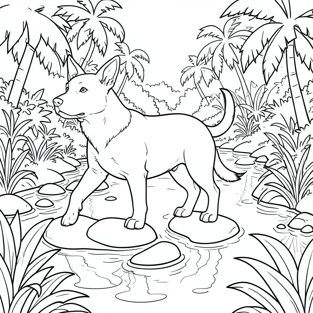 solo, chủ đề đơn, một đầu, hai mắt, hai tai, bốn chân, một đuôi, tỷ lệ tự nhiên, quy mô thích hợp trong môi trường, đúng giải phẫu, chó, Sông nhiệt đới, bước đệm, bờ tươi tốt, nước, ánh sáng mặt trời, phản chiếu, đá mịn, con đường quanh co, tán lá, nước, trang màu, nghệ thuật đường, nền trắng, solo, chủ đề đơn, đúng giải phẫu, giải phẫu hoàn hảo