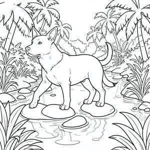 solo, chủ đề đơn, một đầu, hai mắt, hai tai, bốn chân, một đuôi, tỷ lệ tự nhiên, quy mô thích hợp trong môi trường, đúng giải phẫu, chó, Sông nhiệt đới, bước đệm, bờ tươi tốt, nước, ánh sáng mặt trời, phản chiếu, đá mịn, con đường quanh co, tán lá, nước, trang màu, nghệ thuật đường, nền trắng, solo, chủ đề đơn, đúng giải phẫu, giải phẫu hoàn hảo