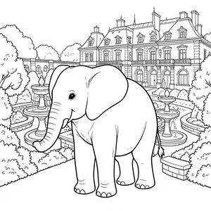 solo, một con voi, một đầu, hai mắt, hai tai lớn, một thân cây, bốn chân, một đuôi, chân trên nền vững chắc, tỷ lệ tự nhiên, quy mô thích hợp trong môi trường, đúng về mặt giải phẫu, voi, lâu đài Pháp, ngổn ngang, vườn được cắt tỉa cẩn thận, đài phun nước, tường đá, cây xanh tươi tốt, những con đường quanh co, ban công trang trí công phu, ánh sáng mặt trời, sự phản chiếu, trang màu, nghệ thuật đường nét, nền trắng, solo, chủ đề đơn, đúng giải phẫu,  Giải phẫu hoàn hảo