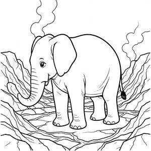 solo, một con voi, một đầu, hai mắt, hai tai lớn, một thân cây, bốn chân, một đuôi, chân trên nền vững chắc, tỷ lệ tự nhiên, quy mô thích hợp trong môi trường, đúng về mặt giải phẫu, voi, Đá núi lửa, dòng dung nham, cứng, khói khói, hoang vắng, cằn cỗi, đất nứt, cạnh răng cưa, trầm tích khoáng sản, nhiệt độ cao, trang màu, nghệ thuật đường nét, nền trắng, solo, chủ đề đơn, đúng giải phẫu,  Giải phẫu hoàn hảo