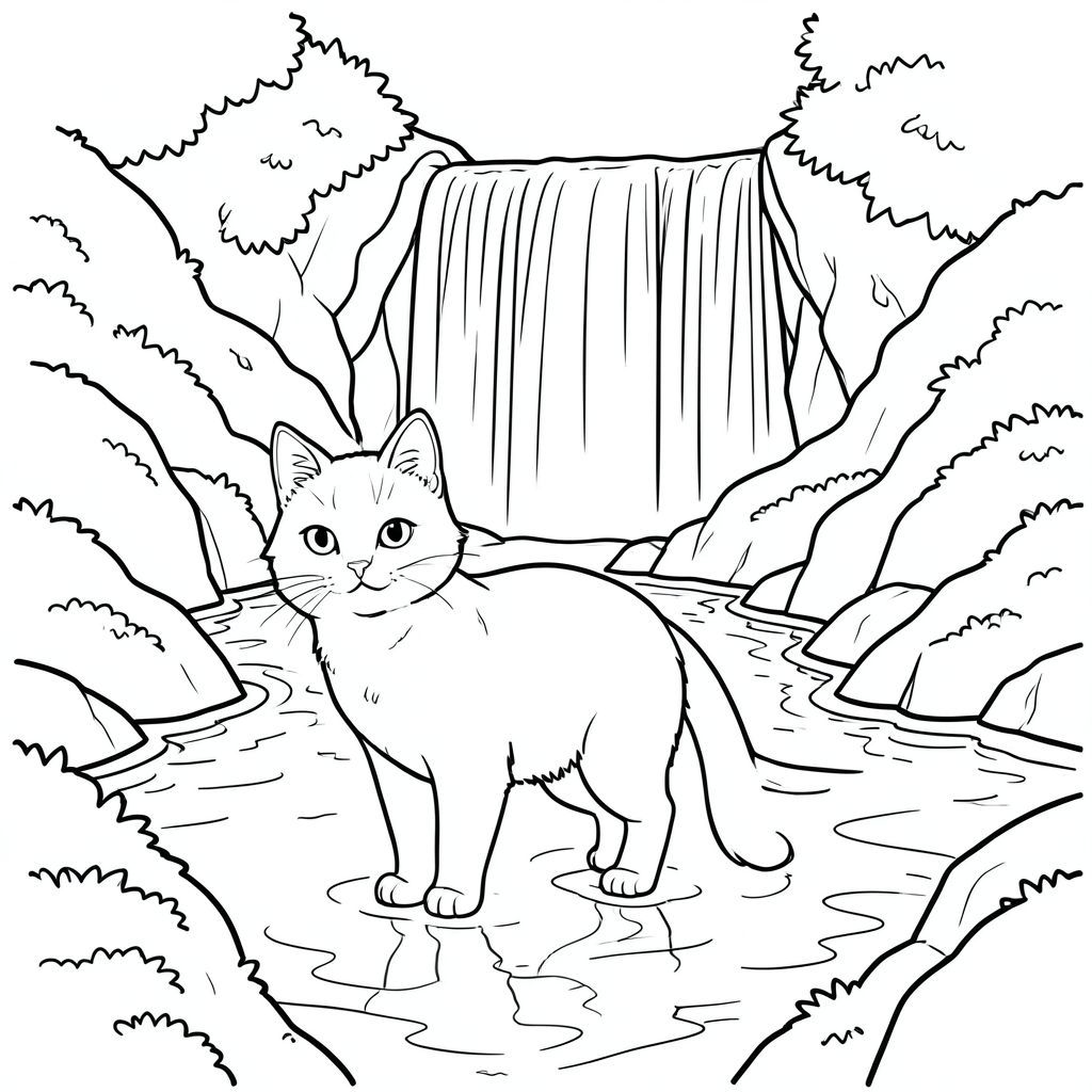 solo, chủ đề đơn, một đầu, hai mắt, hai tai, bốn chân, một đuôi, tỷ lệ tự nhiên, quy mô thích hợp trong môi trường, đúng giải phẫu, con mèo, thác nước, thác, hồ bơi, địa hình đá, đá rêu, ánh sáng mặt trời, độ sâu, phối cảnh, phản chiếu, nước, trang màu, nghệ thuật đường, nền trắng, solo, chủ đề đơn, đúng giải phẫu, giải phẫu hoàn hảo