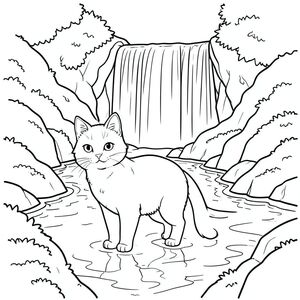 solo, chủ đề đơn, một đầu, hai mắt, hai tai, bốn chân, một đuôi, tỷ lệ tự nhiên, quy mô thích hợp trong môi trường, đúng giải phẫu, con mèo, thác nước, thác, hồ bơi, địa hình đá, đá rêu, ánh sáng mặt trời, độ sâu, phối cảnh, phản chiếu, nước, trang màu, nghệ thuật đường, nền trắng, solo, chủ đề đơn, đúng giải phẫu, giải phẫu hoàn hảo