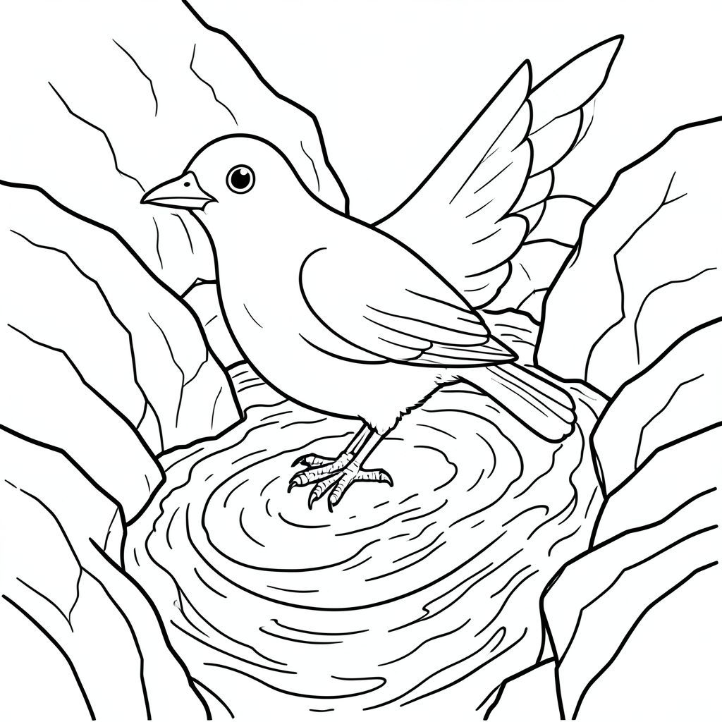 solo, một con chim, một đầu, hai mắt, một mỏ, hai cánh, hai chân, một đuôi, tỷ lệ tự nhiên, quy mô thích hợp trong môi trường, đúng giải phẫu, chim, Nước chảy xiết, ghềnh, đá granit, đá, cạnh răng cưa, mãnh liệt, phản chiếu, đá ướt, nước xoáy, lối đi hẹp, trang màu, nghệ thuật đường, nền trắng, solo, chủ đề đơn, đúng giải phẫu, giải phẫu hoàn hảo