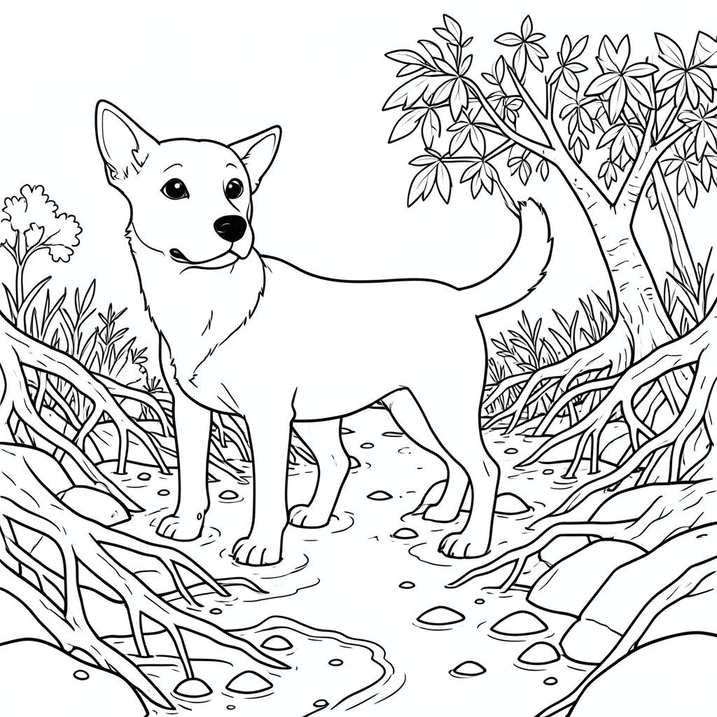 solo, chủ đề đơn, một đầu, hai mắt, hai tai, bốn chân, một đuôi, tỷ lệ tự nhiên, quy mô thích hợp trong môi trường, đúng giải phẫu, chó, Rừng ngập mặn, bờ biển, ngập lụt, kênh thủy triều, rễ, rối, ướt, đá, cát, bờ biển, trang màu, nghệ thuật đường, nền trắng, solo, chủ đề đơn, chính xác về mặt giải phẫu, giải phẫu hoàn hảo