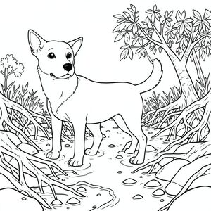 solo, chủ đề đơn, một đầu, hai mắt, hai tai, bốn chân, một đuôi, tỷ lệ tự nhiên, quy mô thích hợp trong môi trường, đúng giải phẫu, chó, Rừng ngập mặn, bờ biển, ngập lụt, kênh thủy triều, rễ, rối, ướt, đá, cát, bờ biển, trang màu, nghệ thuật đường, nền trắng, solo, chủ đề đơn, chính xác về mặt giải phẫu, giải phẫu hoàn hảo