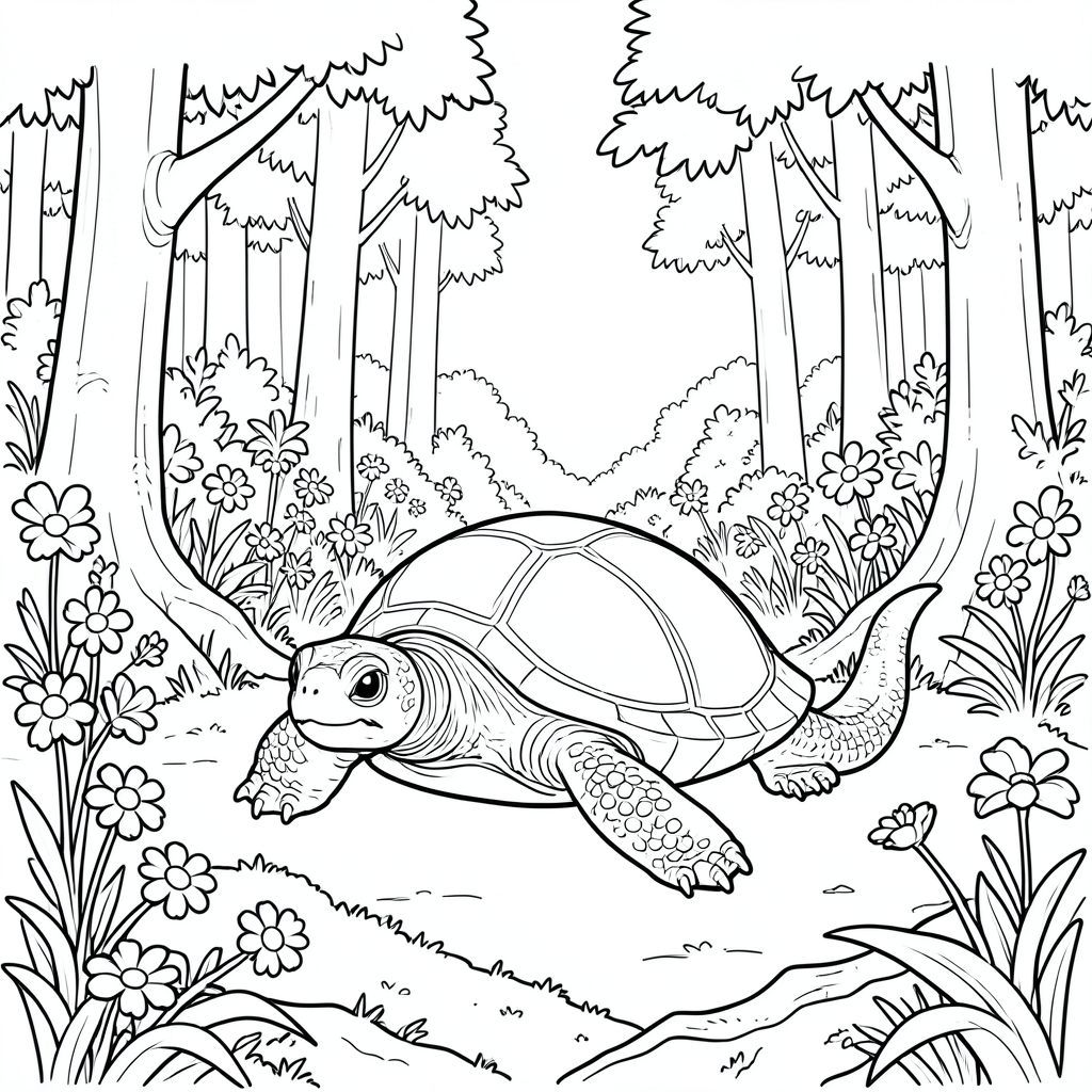 solo, rùa đơn, một đầu, hai mắt, bốn chân, một vỏ, một cái đuôi, bàn chân trên mặt đất vững chắc, tỷ lệ tự nhiên, quy mô thích hợp trong môi trường, đúng giải phẫu, rùa, rừng có ánh nắng, trũng, hoa dại, nở hoa, cây cao, tán lá rậm rạp, lốm đốm, bầu trời quang đãng, mặt đất rêu, rễ, trang màu, nghệ thuật đường, nền trắng, solo, chủ đề đơn, đúng về mặt giải phẫu, giải phẫu hoàn hảo