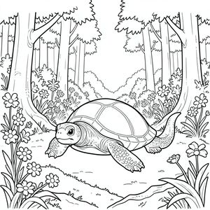 solo, rùa đơn, một đầu, hai mắt, bốn chân, một vỏ, một cái đuôi, bàn chân trên mặt đất vững chắc, tỷ lệ tự nhiên, quy mô thích hợp trong môi trường, đúng giải phẫu, rùa, rừng có ánh nắng, trũng, hoa dại, nở hoa, cây cao, tán lá rậm rạp, lốm đốm, bầu trời quang đãng, mặt đất rêu, rễ, trang màu, nghệ thuật đường, nền trắng, solo, chủ đề đơn, đúng về mặt giải phẫu, giải phẫu hoàn hảo