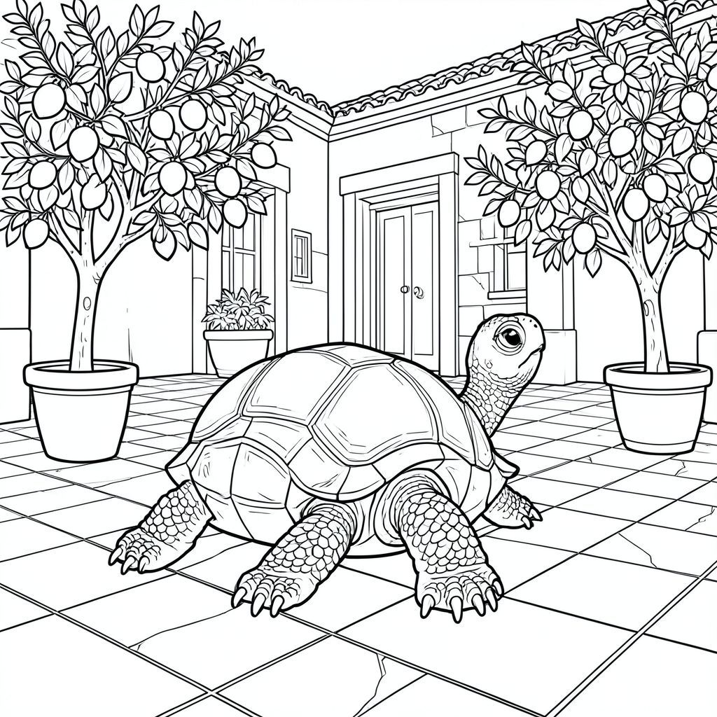 solo, rùa đơn, một đầu, hai mắt, bốn chân, một vỏ, một đuôi, bàn chân trên mặt đất vững chắc, tỷ lệ tự nhiên, quy mô thích hợp trong môi trường, đúng giải phẫu, rùa, Sàn lát gạch, sân, thuộc địa Tây Ban Nha, cây cam quýt, chậu, ánh sáng mặt trời, thực tế, Chi tiết, Môi trường, đá, trang màu, nghệ thuật đường, nền trắng, Solo, chủ đề đơn, chính xác về mặt giải phẫu, giải phẫu hoàn hảo