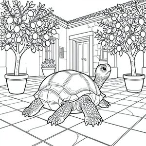 solo, rùa đơn, một đầu, hai mắt, bốn chân, một vỏ, một đuôi, bàn chân trên mặt đất vững chắc, tỷ lệ tự nhiên, quy mô thích hợp trong môi trường, đúng giải phẫu, rùa, Sàn lát gạch, sân, thuộc địa Tây Ban Nha, cây cam quýt, chậu, ánh sáng mặt trời, thực tế, Chi tiết, Môi trường, đá, trang màu, nghệ thuật đường, nền trắng, Solo, chủ đề đơn, chính xác về mặt giải phẫu, giải phẫu hoàn hảo