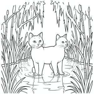 solo, chủ đề đơn, một đầu, hai mắt, hai tai, bốn chân, một đuôi, tỷ lệ tự nhiên, quy mô thích hợp trong môi trường, đúng giải phẫu, con mèo, đầm lầy cây bách, rêu Tây Ban Nha, nước, vẫn còn, phản chiếu, thảm thực vật rậm rạp, thân cây cao, nước, gợn sóng, ánh sáng mặt trời, trang màu, nghệ thuật đường nét, nền trắng, solo, chủ đề đơn, chính xác về mặt giải phẫu, giải phẫu hoàn hảo