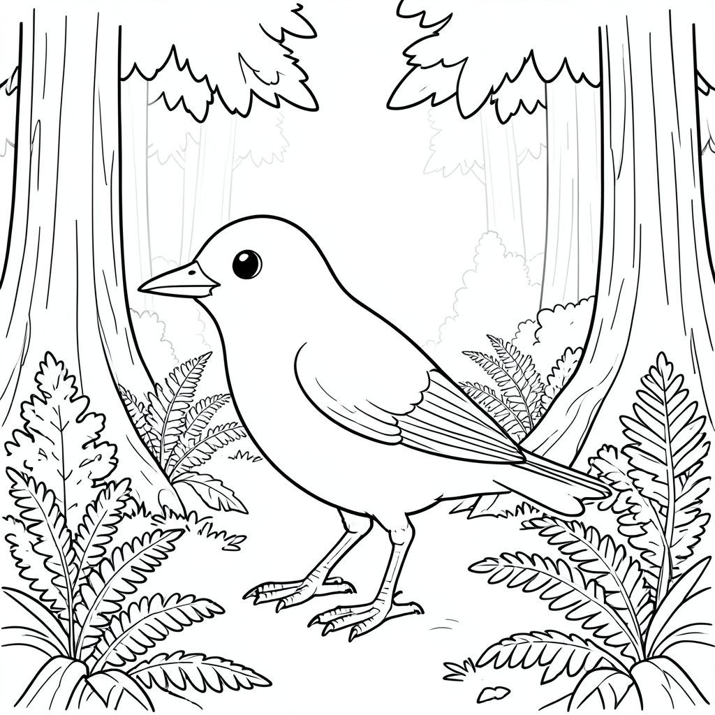 solo, một con chim, một đầu, hai mắt, một mỏ, hai cánh, hai chân, một đuôi, tỷ lệ tự nhiên, quy mô thích hợp trong môi trường, đúng giải phẫu, chim, sương mù, già cỗi, gỗ đỏ, cây cối, thân cây, dương xỉ, dày đặc, tán lá, ánh sáng mặt trời, lốm đốm, trang màu, nghệ thuật đường, nền trắng, solo, chủ đề đơn, chính xác về mặt giải phẫu, giải phẫu hoàn hảo