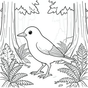 solo, một con chim, một đầu, hai mắt, một mỏ, hai cánh, hai chân, một đuôi, tỷ lệ tự nhiên, quy mô thích hợp trong môi trường, đúng giải phẫu, chim, sương mù, già cỗi, gỗ đỏ, cây cối, thân cây, dương xỉ, dày đặc, tán lá, ánh sáng mặt trời, lốm đốm, trang màu, nghệ thuật đường, nền trắng, solo, chủ đề đơn, chính xác về mặt giải phẫu, giải phẫu hoàn hảo