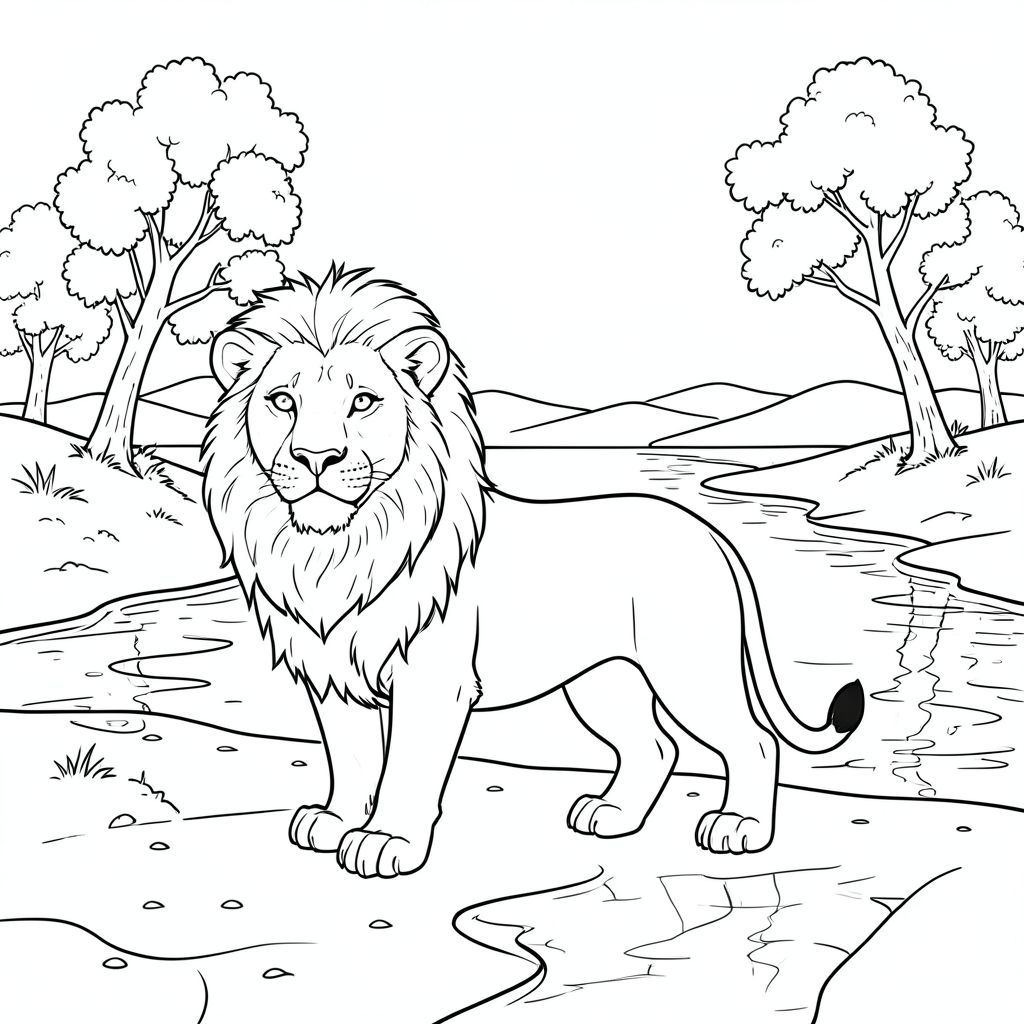 solo, chủ đề đơn, một đầu, hai mắt, hai tai, bốn chân, một đuôi, tỷ lệ tự nhiên, quy mô thích hợp trong môi trường, đúng giải phẫu, sư tử, Sông rộng, bãi cát, cây bông, cồn cát, đường chân trời, Bầu trời, ánh sáng mặt trời, phản chiếu, Nước, cát, trang màu, nghệ thuật đường, nền trắng, solo, chủ đề đơn, đúng về mặt giải phẫu, giải phẫu hoàn hảo