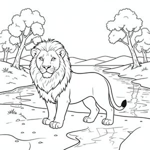 solo, chủ đề đơn, một đầu, hai mắt, hai tai, bốn chân, một đuôi, tỷ lệ tự nhiên, quy mô thích hợp trong môi trường, đúng giải phẫu, sư tử, Sông rộng, bãi cát, cây bông, cồn cát, đường chân trời, Bầu trời, ánh sáng mặt trời, phản chiếu, Nước, cát, trang màu, nghệ thuật đường, nền trắng, solo, chủ đề đơn, đúng về mặt giải phẫu, giải phẫu hoàn hảo