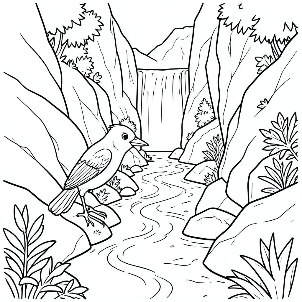 Độc lập, một con chim, một đầu, hai mắt, một mỏ, hai cánh, hai chân, một đuôi, tỷ lệ tự nhiên, quy mô thích hợp trong môi trường, đúng giải phẫu, chim, suối núi, hẻm núi đá, nước xếp tầng, lối đi hẹp, đá, ánh sáng mặt trời, tán lá, độ sâu, phối cảnh, quanh co, trang màu, nghệ thuật đường, nền trắng, solo, chủ đề đơn, chính xác về mặt giải phẫu, giải phẫu hoàn hảo