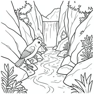 Độc lập, một con chim, một đầu, hai mắt, một mỏ, hai cánh, hai chân, một đuôi, tỷ lệ tự nhiên, quy mô thích hợp trong môi trường, đúng giải phẫu, chim, suối núi, hẻm núi đá, nước xếp tầng, lối đi hẹp, đá, ánh sáng mặt trời, tán lá, độ sâu, phối cảnh, quanh co, trang màu, nghệ thuật đường, nền trắng, solo, chủ đề đơn, chính xác về mặt giải phẫu, giải phẫu hoàn hảo