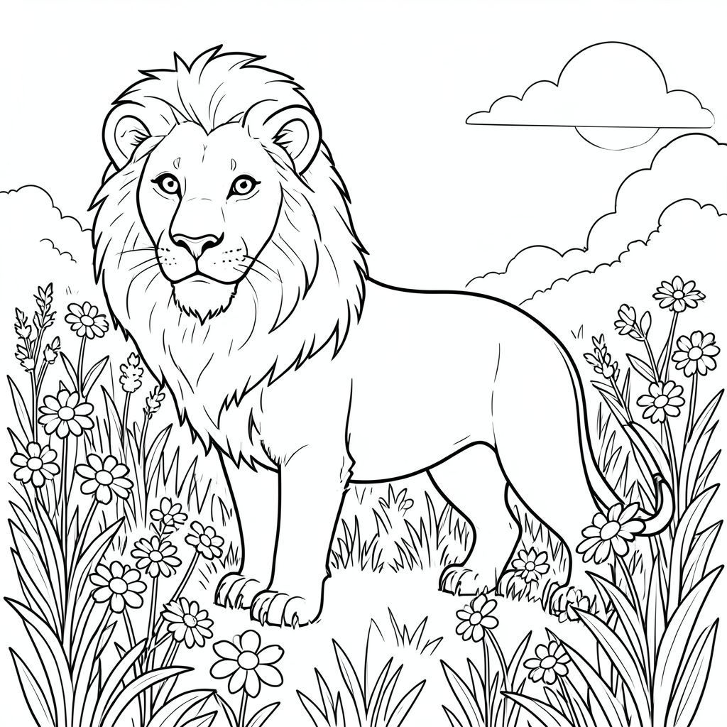 solo, chủ đề đơn, một đầu, hai mắt, hai tai, bốn chân, một đuôi, tỷ lệ tự nhiên, quy mô thích hợp trong môi trường, đúng giải phẫu, sư tử, Hoa dại, đồng cỏ, tươi tốt, cao, mở rộng, nắng, ấm áp, mùa hè, bầu trời, rõ ràng, tô màu, nghệ thuật đường, nền trắng, solo, chủ đề đơn, đúng giải phẫu, giải phẫu hoàn hảo