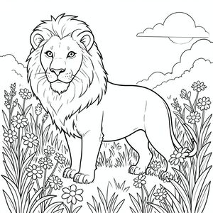 solo, chủ đề đơn, một đầu, hai mắt, hai tai, bốn chân, một đuôi, tỷ lệ tự nhiên, quy mô thích hợp trong môi trường, đúng giải phẫu, sư tử, Hoa dại, đồng cỏ, tươi tốt, cao, mở rộng, nắng, ấm áp, mùa hè, bầu trời, rõ ràng, tô màu, nghệ thuật đường, nền trắng, solo, chủ đề đơn, đúng giải phẫu, giải phẫu hoàn hảo