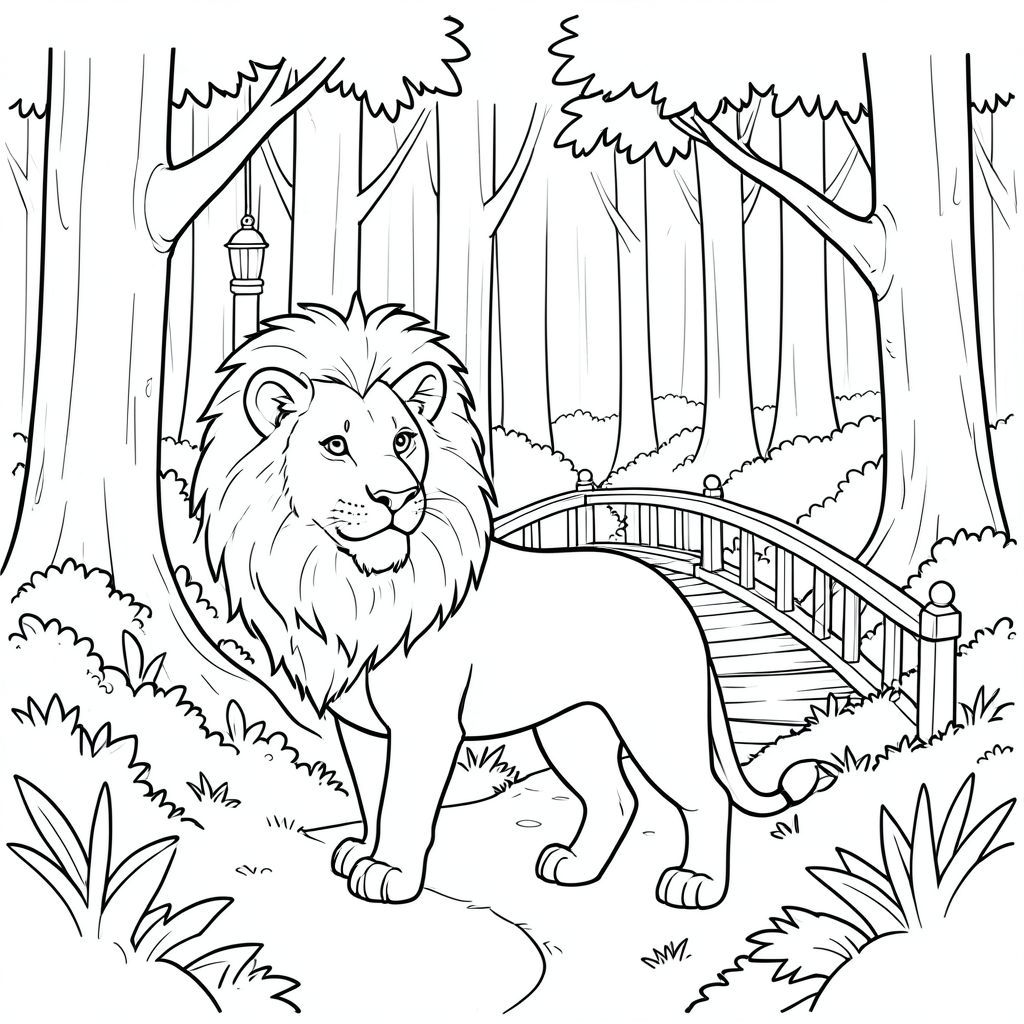 solo, chủ đề đơn, một đầu, hai mắt, hai tai, bốn chân, một đuôi, tỷ lệ tự nhiên, quy mô thích hợp trong môi trường, đúng giải phẫu, sư tử, Rừng, rừng cây, cây, cao, dày đặc, quanh co, con đường, cầu, đèn lồng, ấm áp, trang màu, nghệ thuật đường, nền trắng, solo, chủ đề đơn, đúng về mặt giải phẫu, giải phẫu hoàn hảo
