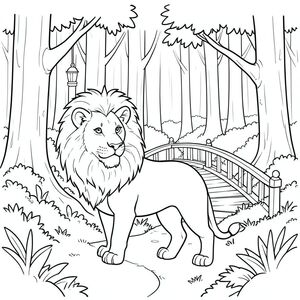 solo, chủ đề đơn, một đầu, hai mắt, hai tai, bốn chân, một đuôi, tỷ lệ tự nhiên, quy mô thích hợp trong môi trường, đúng giải phẫu, sư tử, Rừng, rừng cây, cây, cao, dày đặc, quanh co, con đường, cầu, đèn lồng, ấm áp, trang màu, nghệ thuật đường, nền trắng, solo, chủ đề đơn, đúng về mặt giải phẫu, giải phẫu hoàn hảo