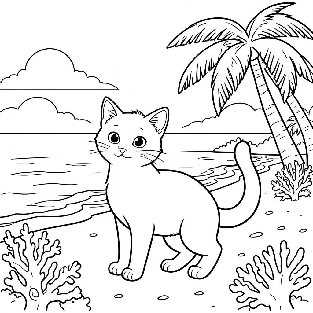 solo, chủ đề đơn, một đầu, hai mắt, hai tai, bốn chân, một đuôi, tỷ lệ tự nhiên, quy mô thích hợp trong môi trường, đúng giải phẫu, con mèo, nước, bãi biển nhiệt đới, cọ dừa, toàn cảnh rộng, bầu trời, ánh sáng mặt trời, cát, bờ biển, sóng, san hô, trang tô màu, nghệ thuật đường, nền trắng, solo, chủ đề đơn, đúng giải phẫu, giải phẫu hoàn hảo