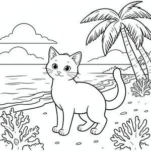 solo, chủ đề đơn, một đầu, hai mắt, hai tai, bốn chân, một đuôi, tỷ lệ tự nhiên, quy mô thích hợp trong môi trường, đúng giải phẫu, con mèo, nước, bãi biển nhiệt đới, cọ dừa, toàn cảnh rộng, bầu trời, ánh sáng mặt trời, cát, bờ biển, sóng, san hô, trang tô màu, nghệ thuật đường, nền trắng, solo, chủ đề đơn, đúng giải phẫu, giải phẫu hoàn hảo