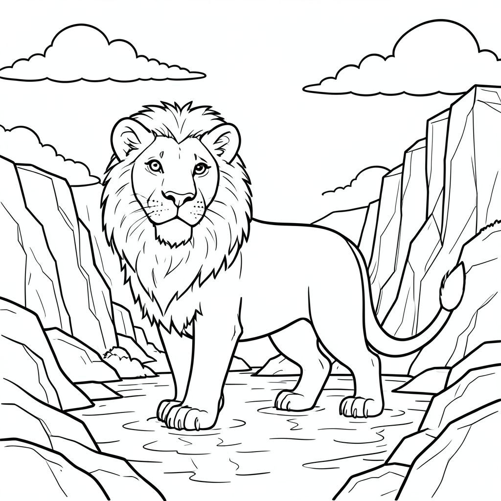 solo, chủ đề đơn, một đầu, hai mắt, hai tai, bốn chân, một đuôi, tỷ lệ tự nhiên, quy mô thích hợp trong môi trường, đúng giải phẫu, sư tử, Vịnh, Nước, ly, Vách đá, đá, Ánh sáng mặt trời, đám mây, Bầu trời, chiều sâu, phối cảnh, trang màu, nghệ thuật đường, nền trắng, Solo, chủ đề đơn, đúng về mặt giải phẫu, giải phẫu hoàn hảo