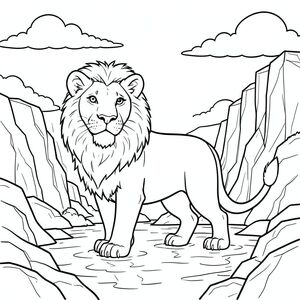 solo, chủ đề đơn, một đầu, hai mắt, hai tai, bốn chân, một đuôi, tỷ lệ tự nhiên, quy mô thích hợp trong môi trường, đúng giải phẫu, sư tử, Vịnh, Nước, ly, Vách đá, đá, Ánh sáng mặt trời, đám mây, Bầu trời, chiều sâu, phối cảnh, trang màu, nghệ thuật đường, nền trắng, Solo, chủ đề đơn, đúng về mặt giải phẫu, giải phẫu hoàn hảo