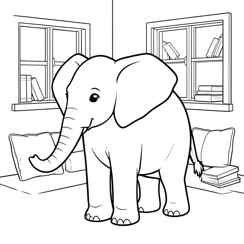 solo, một con voi, một đầu, hai mắt, hai tai lớn, một thân cây, bốn chân, một đuôi, chân trên mặt đất vững chắc, tỷ lệ tự nhiên, quy mô thích hợp trong môi trường, đúng giải phẫu, voi, cửa sổ, sách, đệm, mềm, nền đơn giản, dọn dẹp, ấm cúng, đọc, nội địa, nhỏ, trang màu, nghệ thuật đường, nền trắng, solo, chủ đề đơn, đúng giải phẫu, giải phẫu hoàn hảo