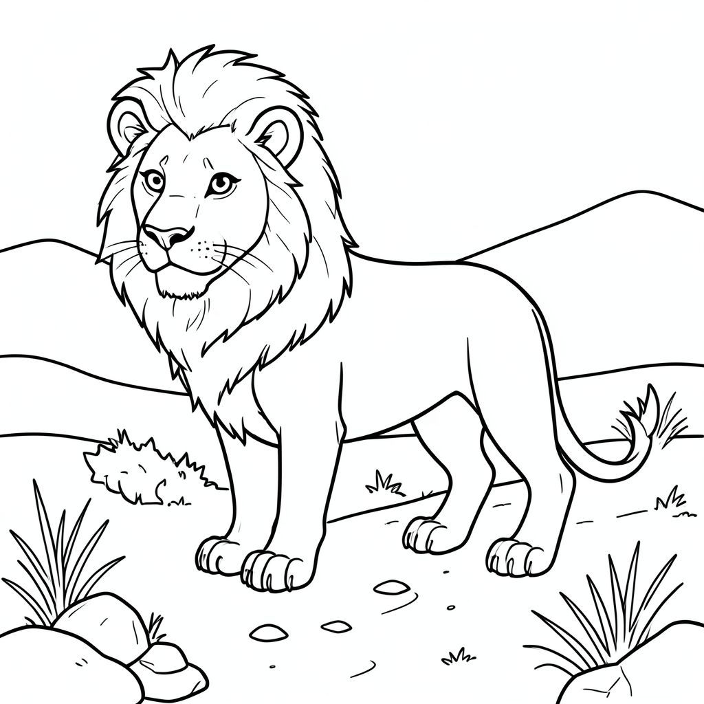 solo, chủ đề đơn, một đầu, hai mắt, hai tai, bốn chân, một đuôi, tỷ lệ tự nhiên, quy mô thích hợp trong môi trường, đúng giải phẫu, sư tử, Đá, sa mạc, đường mòn, đá, bàn chải khô, đơn giản, dọn dẹp, lý lịch, phong cảnh, đường chân trời, trang màu, nghệ thuật đường, nền trắng, solo, chủ đề đơn, đúng về mặt giải phẫu, giải phẫu hoàn hảo