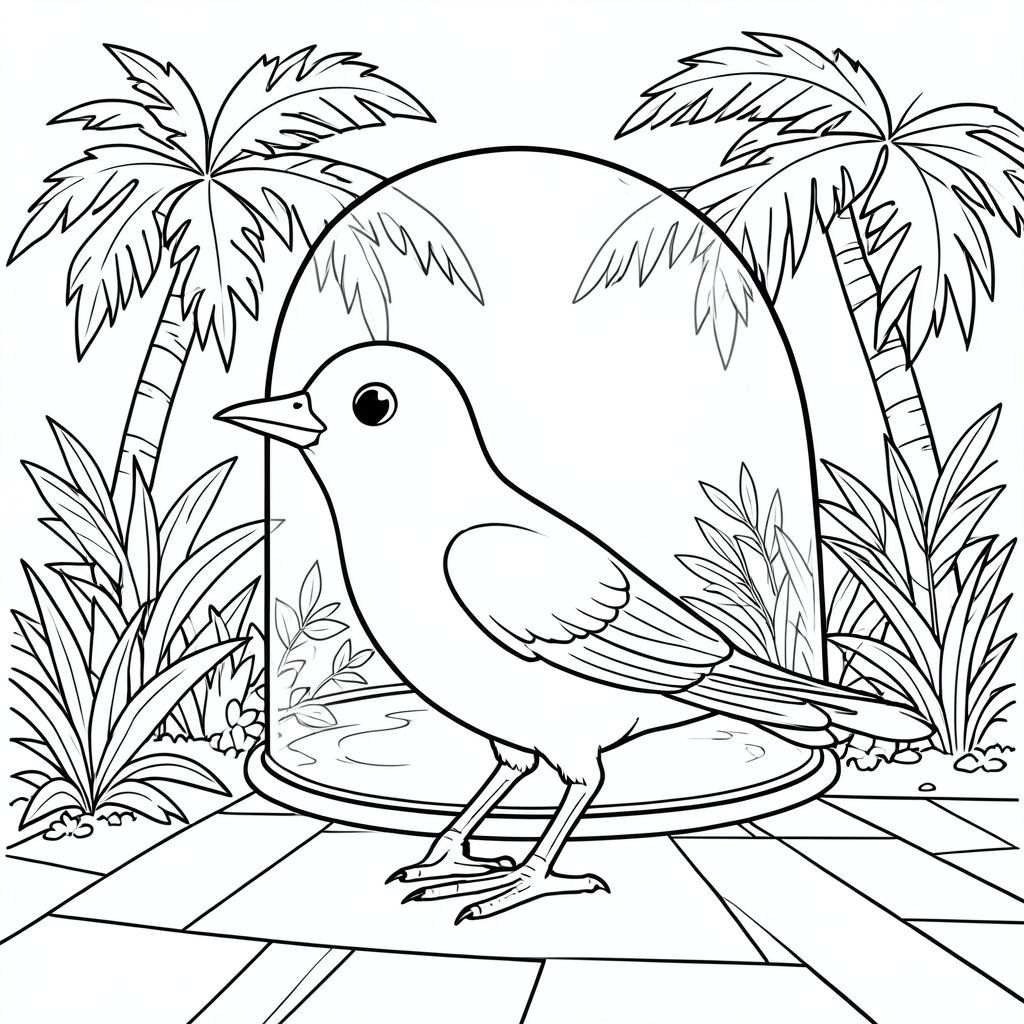 solo, một con chim, một đầu, hai mắt, một mỏ, hai cánh, hai chân, một đuôi, tỷ lệ tự nhiên, quy mô thích hợp trong môi trường, đúng giải phẫu, chim, mái vòm thủy tinh, cọ nhiệt đới, tán lá, ánh sáng mặt trời, thực vật, cây xanh, bề mặt nhẵn, nước trong, gỗ đánh bóng, sàn lát gạch, trang màu, nghệ thuật đường, nền trắng, solo, chủ đề đơn, đúng giải phẫu, giải phẫu hoàn hảo