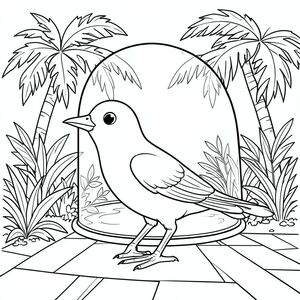 solo, một con chim, một đầu, hai mắt, một mỏ, hai cánh, hai chân, một đuôi, tỷ lệ tự nhiên, quy mô thích hợp trong môi trường, đúng giải phẫu, chim, mái vòm thủy tinh, cọ nhiệt đới, tán lá, ánh sáng mặt trời, thực vật, cây xanh, bề mặt nhẵn, nước trong, gỗ đánh bóng, sàn lát gạch, trang màu, nghệ thuật đường, nền trắng, solo, chủ đề đơn, đúng giải phẫu, giải phẫu hoàn hảo