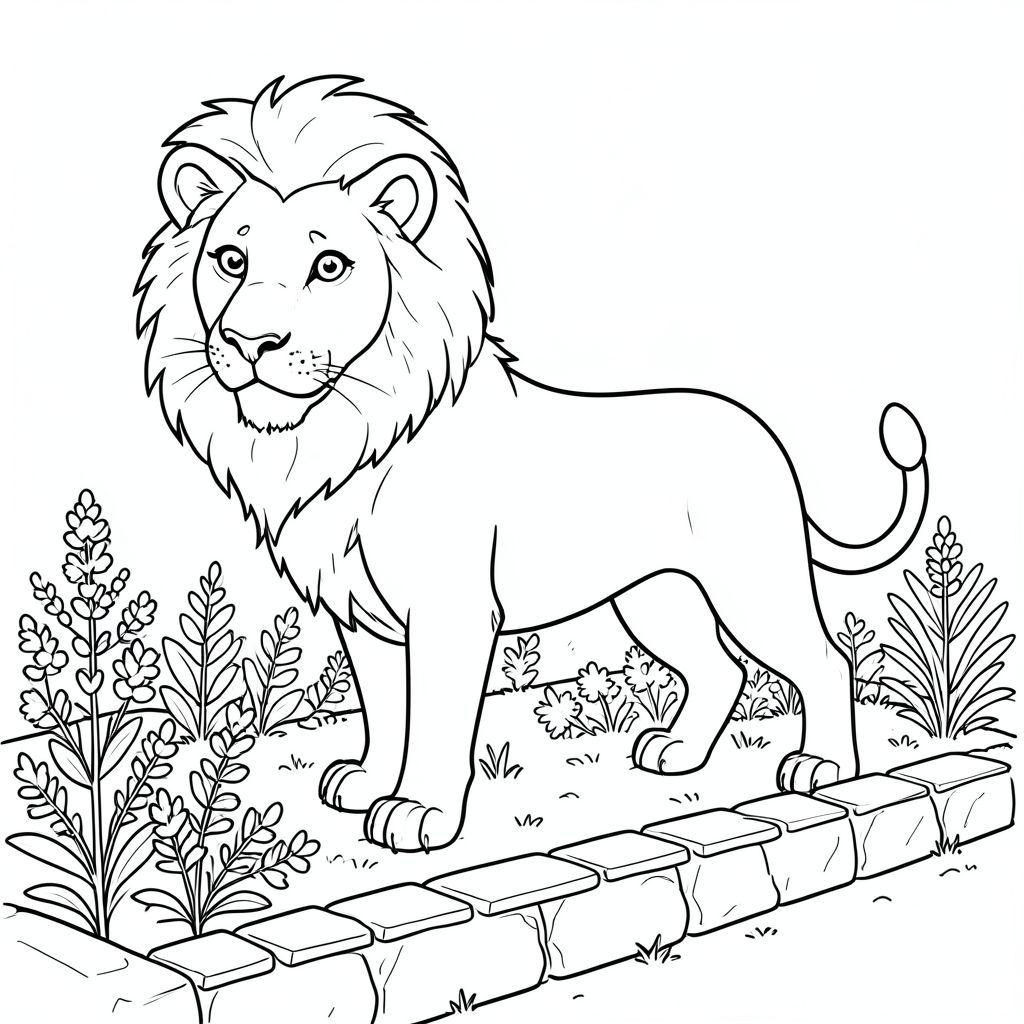 solo, chủ đề đơn, một đầu, hai mắt, hai tai, bốn chân, một đuôi, tỷ lệ tự nhiên, quy mô thích hợp trong môi trường, đúng giải phẫu, sư tử, vườn, thảo mộc, hàng, viền đá, ánh sáng mặt trời, đơn giản, sạch sẽ, lý lịch, màu nước, rửa, trang màu, nghệ thuật đường, nền trắng, solo, chủ đề đơn, đúng giải phẫu, giải phẫu hoàn hảo