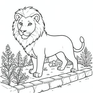 solo, chủ đề đơn, một đầu, hai mắt, hai tai, bốn chân, một đuôi, tỷ lệ tự nhiên, quy mô thích hợp trong môi trường, đúng giải phẫu, sư tử, vườn, thảo mộc, hàng, viền đá, ánh sáng mặt trời, đơn giản, sạch sẽ, lý lịch, màu nước, rửa, trang màu, nghệ thuật đường, nền trắng, solo, chủ đề đơn, đúng giải phẫu, giải phẫu hoàn hảo