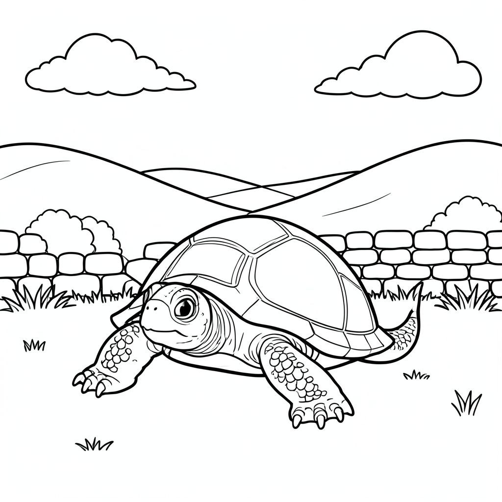 solo, rùa đơn, một đầu, hai mắt, bốn chân, một vỏ, một đuôi, bàn chân trên mặt đất vững chắc, tỷ lệ tự nhiên, quy mô thích hợp trong môi trường, đúng giải phẫu, rùa, Bức tường đá, đồng cỏ cừu, đồi thoai thoải, đơn giản, sạch sẽ, lý lịch, phong cảnh, đường chân trời, đám mây, ánh sáng mặt trời, trang tô màu, nghệ thuật đường, nền trắng, solo, chủ đề đơn, đúng giải phẫu, giải phẫu hoàn hảo